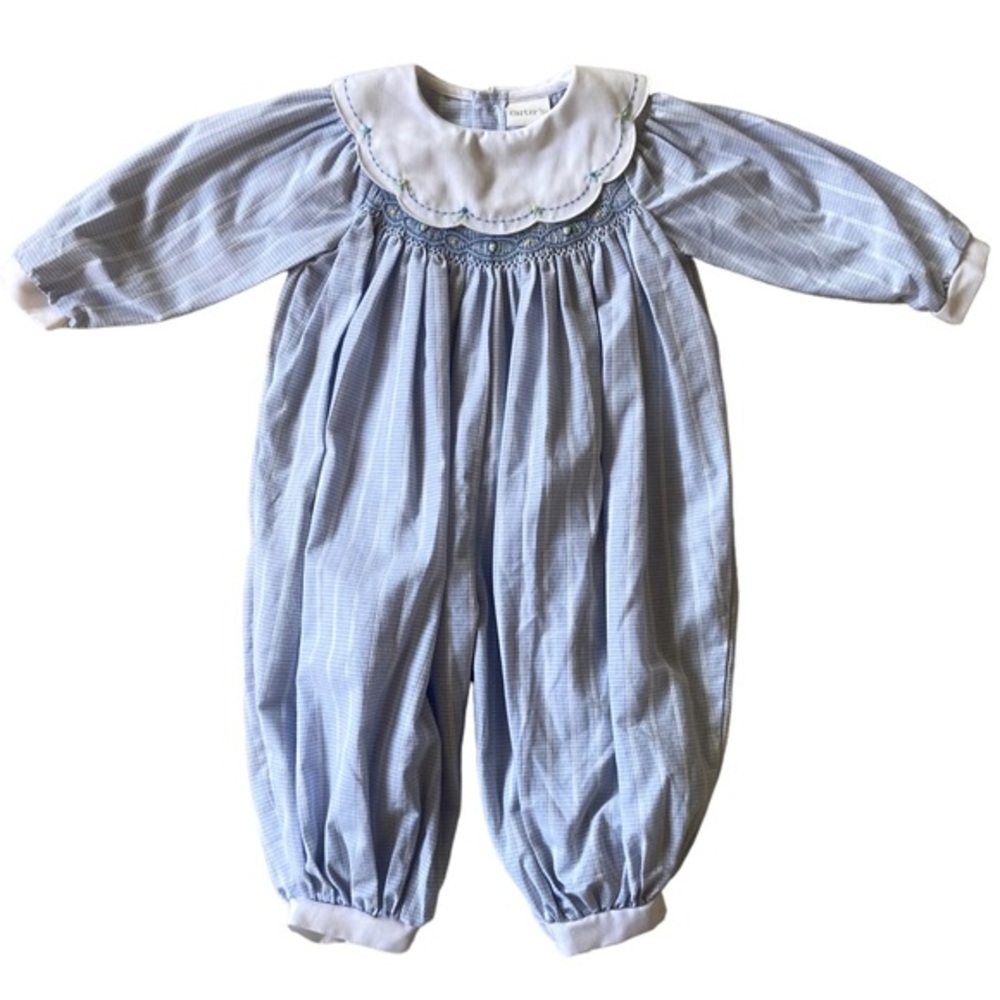 VINTAGE Carters Romper Overalls Classic Floral Blue Pastel Embroidered
